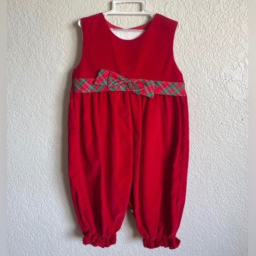 Vtg Baby Girls 12M Red Holiday Romper Plaid Bow Christmas Outfit EUC